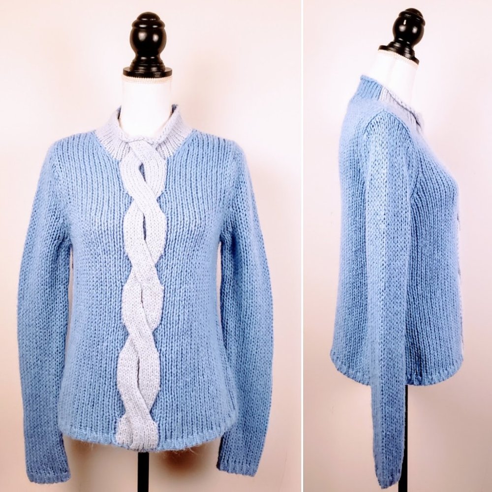 L. L. BEAN Sweater, Light Blue Mohair Wool Long Sleeve Chunky Knit, S